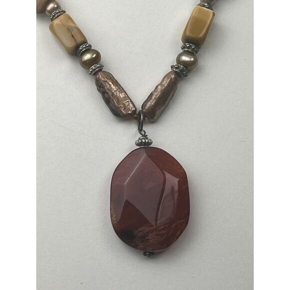 Sterling Silver Real Pearl Ceramic & Stone Necklace Toggle Clasp 16" Fall Colors - Picture 4 of 12